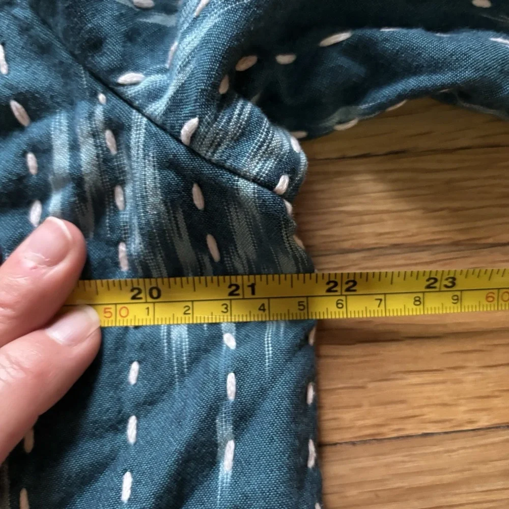 J. Jill Pure Jill Kantha Stitched Ikat Jacket Kimono Sari Open Front Teal Blue S